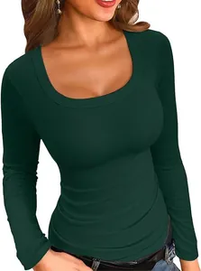 Close-up of women's dark green ribbed long sleeve t-shirt with square neckline