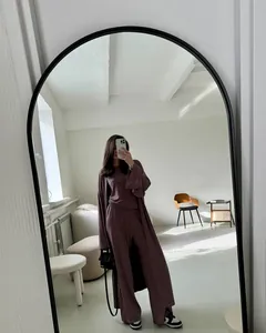 Set da casa casual in 3 pezzi malva con cardigan lungo e pantaloni a gamba larga