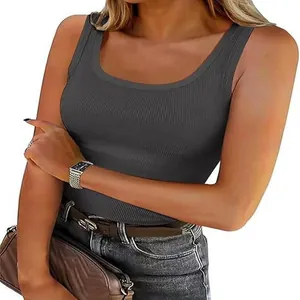 Débardeur côtelé à col carré pour femme coupe ajustée gris anthracite extensible