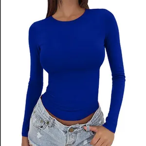 Detailed view of women's slim fit solid blue long sleeve crew neck basic t-shirt