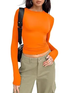 Trendy orange slim fit long-sleeved crew neck T-shirt for modern women's casual wear