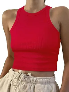 Slim fit vibrant red ribbed sleeveless crop top for summer casual everyday wear