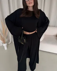 Elegante set da casa nero in 3 pezzi da donna con cardigan lungo e pantaloni a gamba larga
