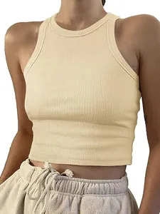 Minimalist women's ribbed knit sleeveless crop tank top in beige, slim fit casual style