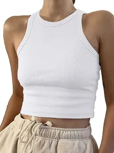 Women's slim fit sleeveless white ribbed knit crop tank top, perfect for summer.