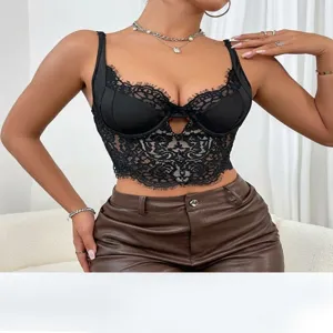 Sexueller schwarzer Spitzen-Bustier-Top mit Bügel und Netz-Details für Damen