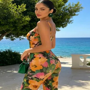 Vue détaillée de la combinaison d'été à fleurs vibrantes avec coupe ajustée et style resort.