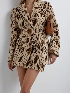 Blazer Femme Marron Imprimé Léopard Vache Manches Longues Bureau Décontracté Imprimé Veste de Costume Col en V Avec Ceinture Mode