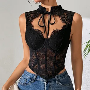 Detailed close-up showing the intricate floral lace and boning on the black corset top