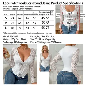 Size chart and details for sexy white lace corset top with long sleeves and V-neckline