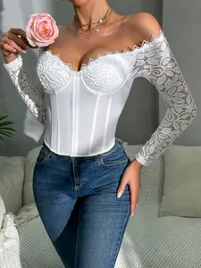 Elegant white lace long-sleeve corset top with fishbone structure and off-shoulder detail.