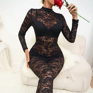 Detailed macro view of a sexy black lace see-through long sleeve slim fit jumpsuit