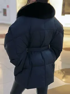 Back view of a black belted puffer jacket with a luxurious black fur collar detail.