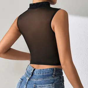 Elegant back view of a black sheer mesh sleeveless top with delicate lace high neck trim