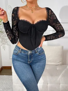 Sexy schwarzes Langarm-Spitzen-Mesh-Korsett-Oberteil mit Bindedetail für Damen Mode