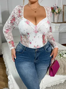 Plus size white floral lace bodysuit with long sleeves and sweetheart neckline