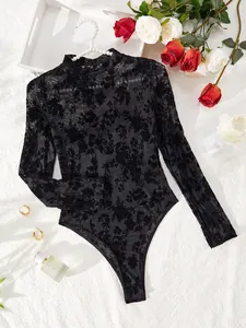 Elegant black floral velvet flocking mesh bodysuit with long sleeves on a white background
