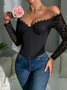 Close-up of black lace long sleeve corset top with fishbone structure and zipper detail