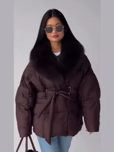 Stylish brown winter puffer jacket with detachable fur collar and waist tie belt
