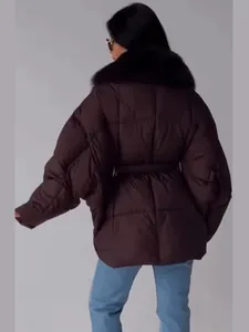 Rear view detail of a thick brown puffer jacket featuring a plush fur collar and belt