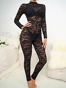 Sexy black lace long sleeve bodysuit featuring hollow floral jacquard and slim fit design