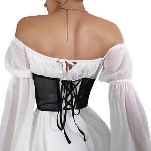 Sexy bustino stringivita in rete nera con lacci sul retro e stecche di sostegno per donne