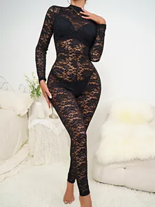 Sexy black lace long-sleeved jumpsuit with hollow-out floral jacquard design for slim fit style