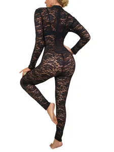 Sexy black floral lace hollow-out long sleeve sheer bodysuit for women bodycon fit