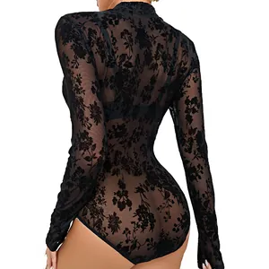 Sexy black floral flocked mesh long sleeve bodysuit for women sheer lace lingerie outfit