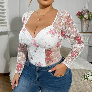 Elegant plus size white lace floral print bodysuit featuring sexy long sleeves.