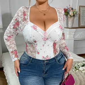 Plus size floral lace bodysuit with long sleeves and sheer mesh detailing for women