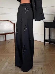 Elegantes schwarzes Damen-Anzugset mit Paillettenstickerei, Blazer und weitem Bein