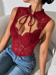 Close-up of wine red lace corset top with underwire and elegant tie-neck detail.