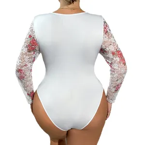 Plus size white long sleeve bodysuit with red floral lace sleeves, sexy back view.