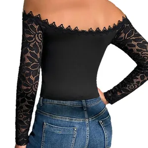 Elegant back view of black off-shoulder lace long sleeve corset top for women
