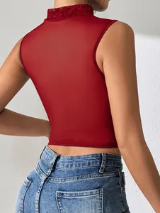 Back view of a red sleeveless crop top with an elegant lace-trimmed high neck design