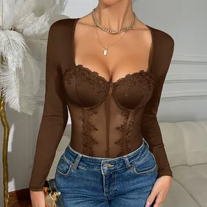Detailed view of the brown lace patchwork sheer mesh bodysuit with corset style bones