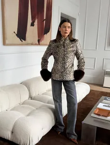 Vintage Leopardenmuster Webpelzjacke mit Stehkragen und Plüschbündchen für Damen