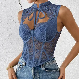 Blue floral lace corset top with fishbone underwire and neck tie detail