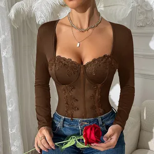 Detailed view of sexy brown lace patchwork long sleeve bodysuit with corset boning