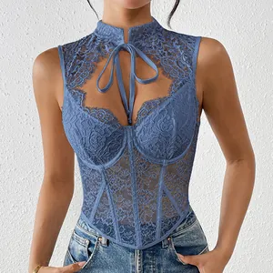 Detailed view of blue lace corset top with fishbone support and halter neck tie design