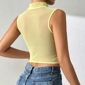Detailed back view of a light yellow sheer mesh mock neck sleeveless crop top for women
