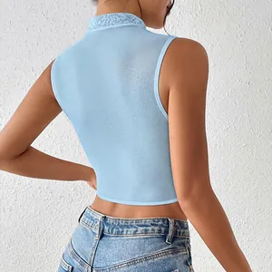 Back view of a light blue sleeveless crop top with delicate lace collar detail.