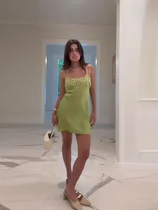 Vibrant lime green slip dress with elegant sequin fringe detail for sweet beach vacations