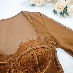Detailansicht eines braunen Mesh-Korsettoberteils mit Bügeln und eleganten Spitzenmustern