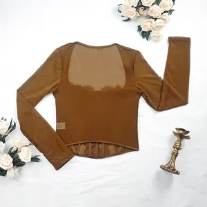 Elegantes, transparentes braunes Mesh-Korsett-Top mit langen Ärmeln und Spitze.