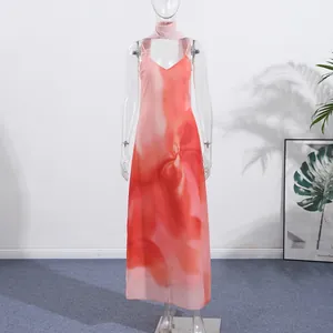Elegant V-neck red watercolor print camisole maxi dress with matching neck scarf