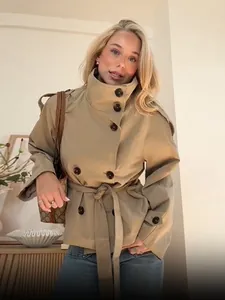 Elegant khaki short trench coat for women featuring a stand collar and adjustable waist belt