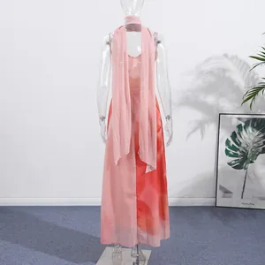 Back view of elegant pink floral gradient maxi slip dress with matching chiffon scarf