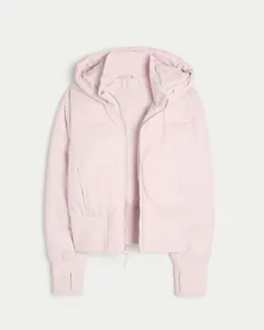 Modische hellrosa Kapuzenstegjacke für Damen, warme kurze Winterjacke für den Alltag